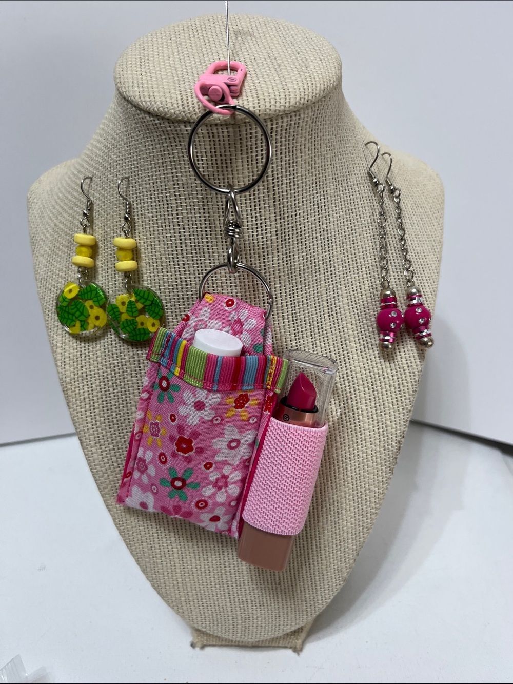Gift Set Floral Keychain double Lipstick Holder purse charm earrings